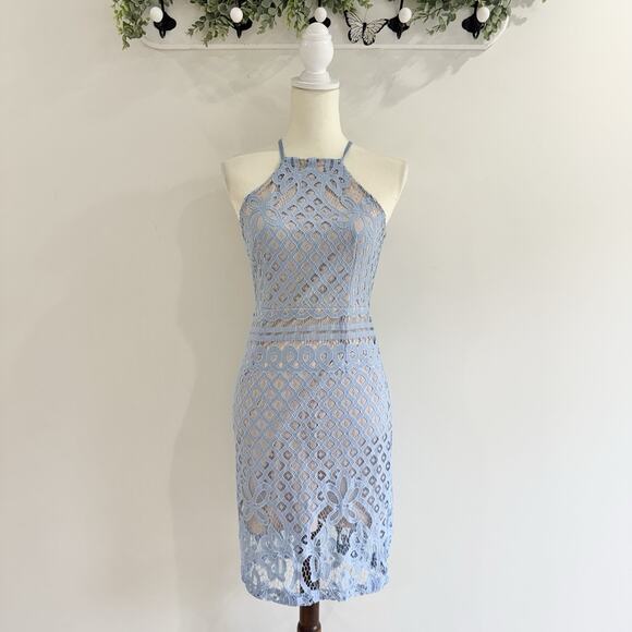 Lulus Steal A Kiss Embroidered Lace Body-Con Dress in Light Blue Small - Picture 1 of 5